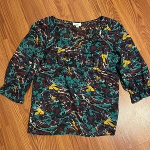Ann Taylor Women's V Neck‎ Empress Multicolor Printed Long Sleeve Blouse Top XL